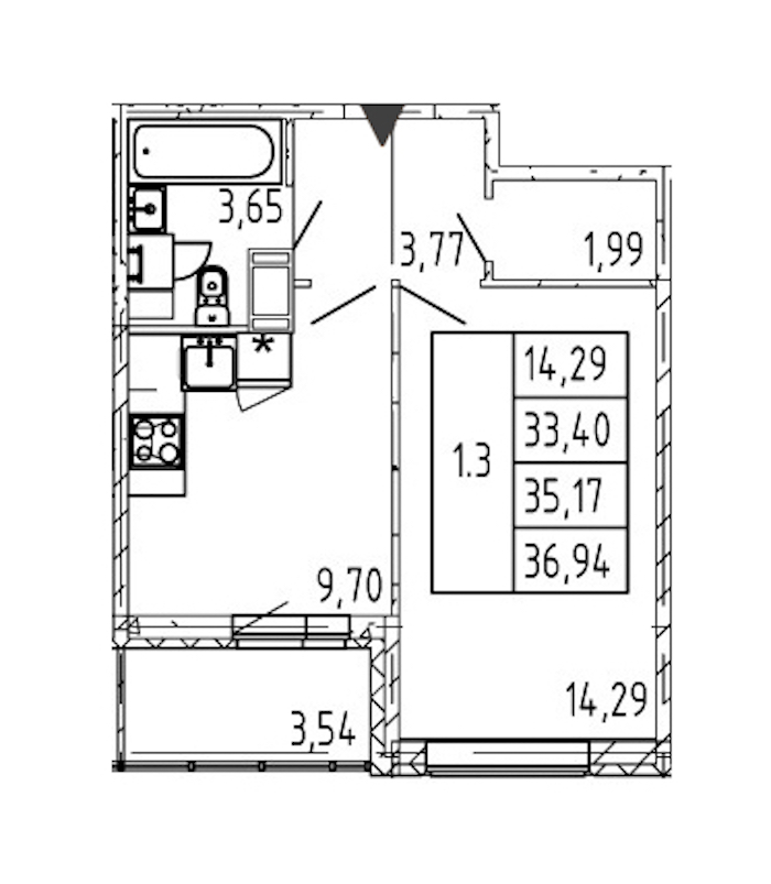 1-комнатная квартира 33.4 м², 3/12 эт., ЖК «Полис ЛАВрики»